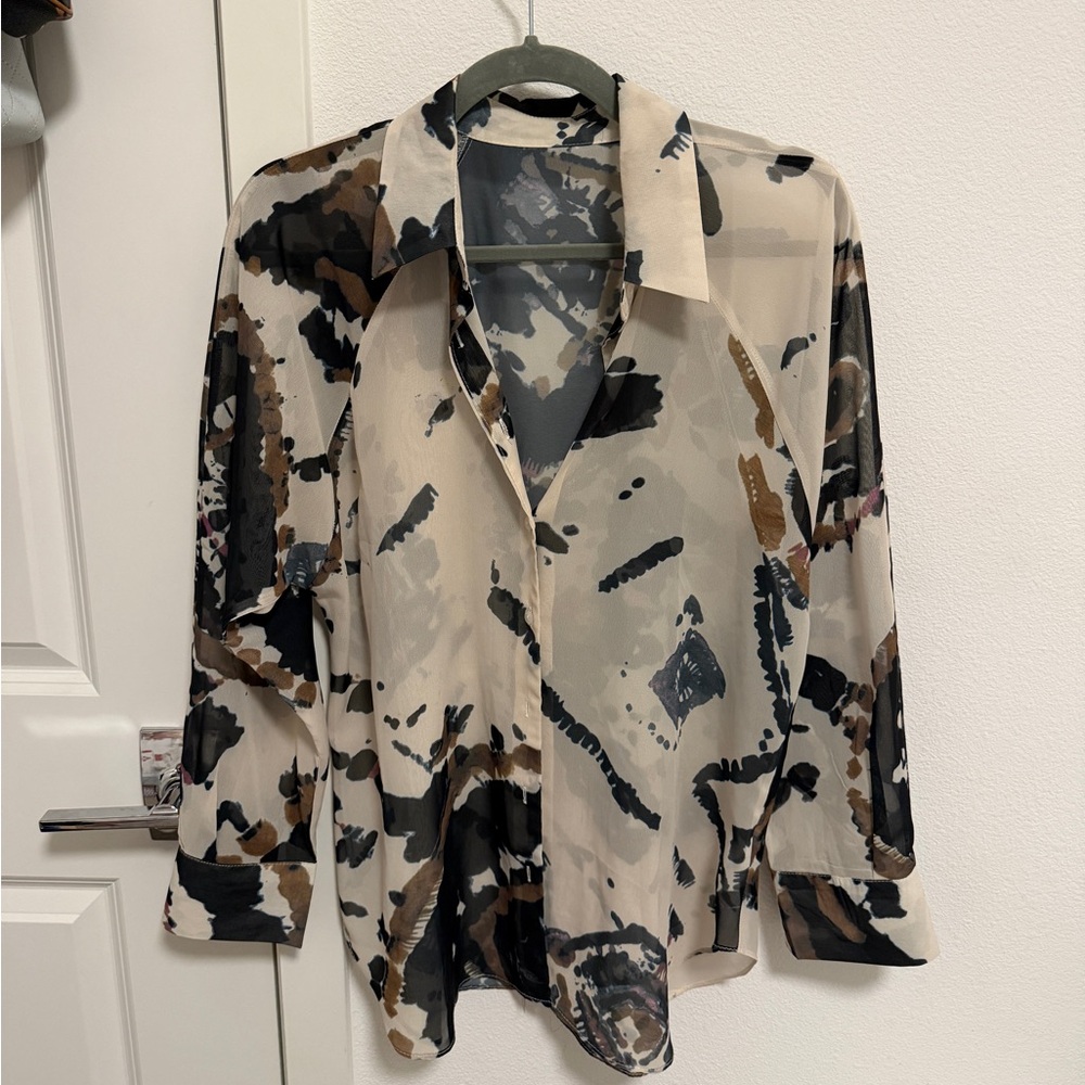 cream and black sheer button up blouse shirt